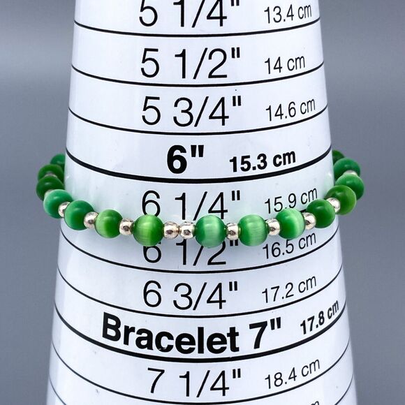 Green Cat's Eye Beaded Bracelet | Sterling Silver 925 | 7" - Picture 4 of 4